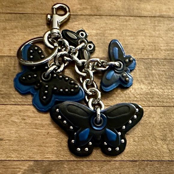 Coach Black & Blue Leather Studded Butterfly Cluster Keychain Fob Bag Charm - Picture 6 of 6